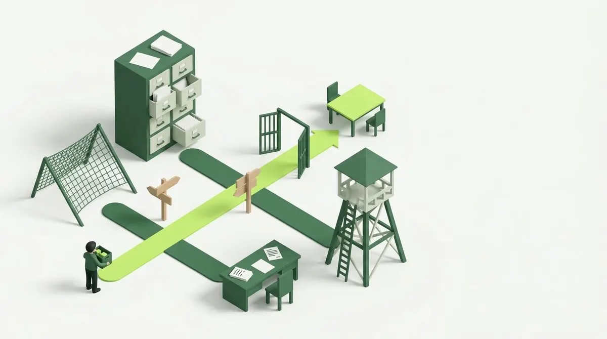 A supplier holding a crate of products picks, among several tools, the path that leads straight to a decision.