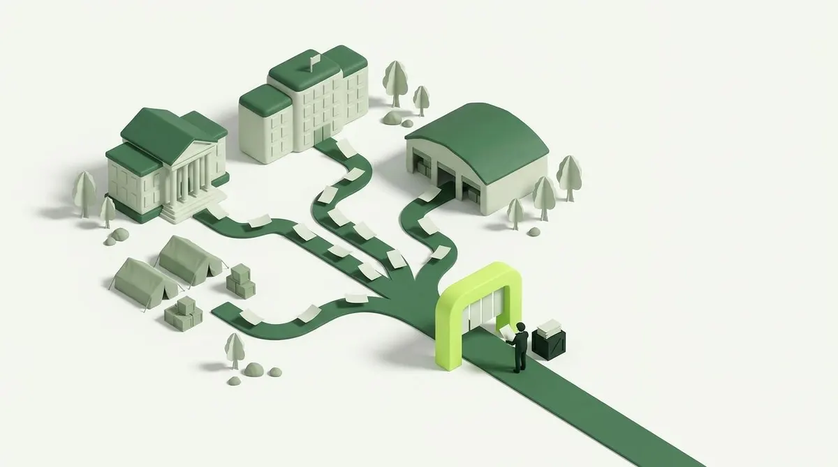 Paths from several public sources converge on a single sorting gate.